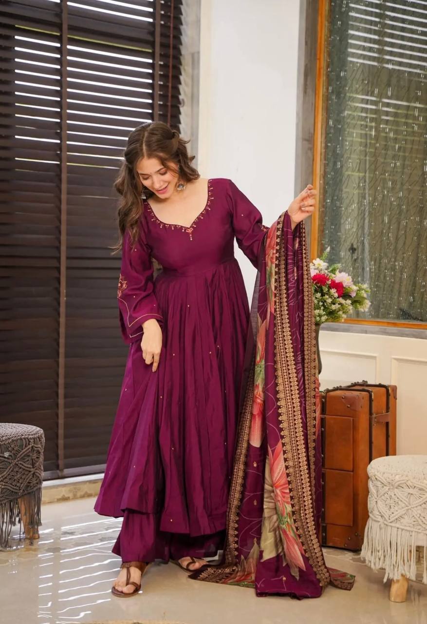 Elegant Purple Color Work Palazzo With Anarkali Suit