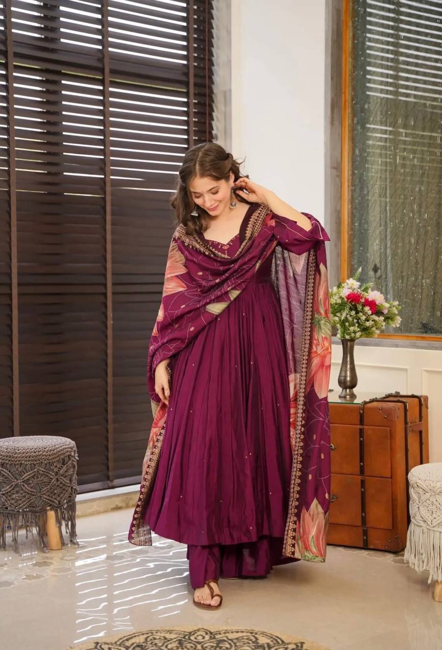 Elegant Purple Color Work Palazzo With Anarkali Suit