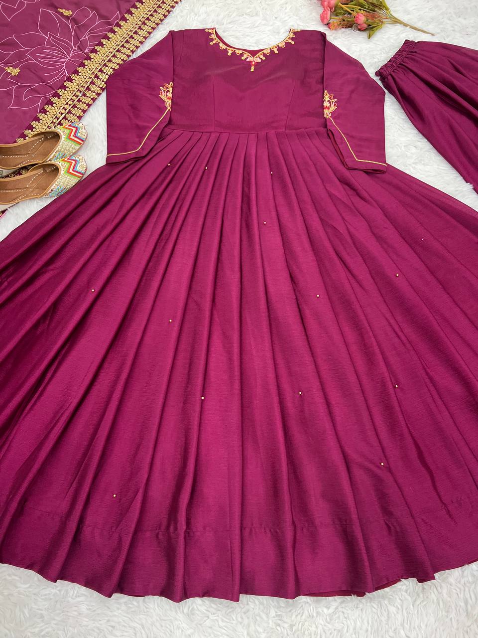 Elegant Purple Color Work Palazzo With Anarkali Suit