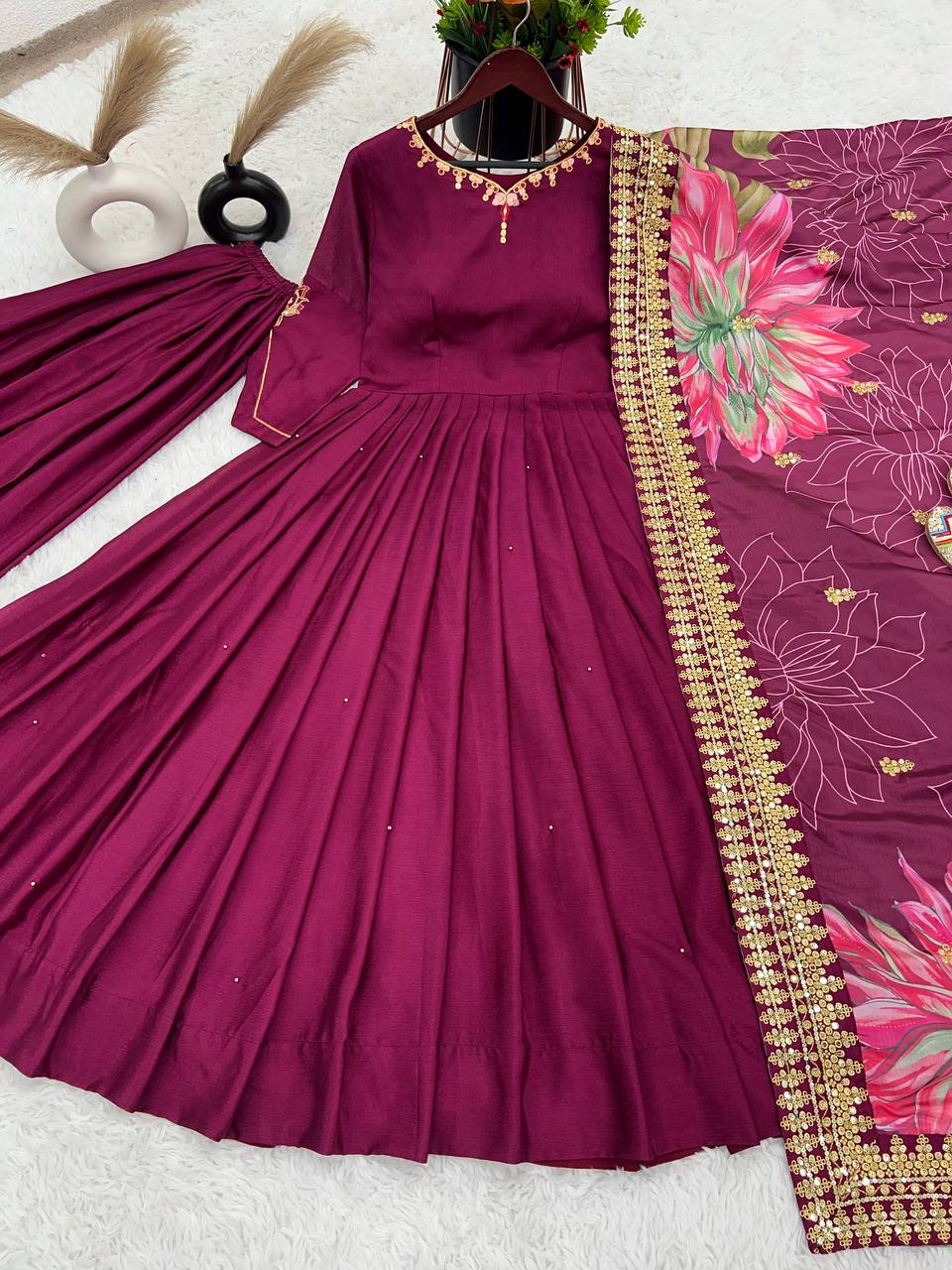 Elegant Purple Color Work Palazzo With Anarkali Suit