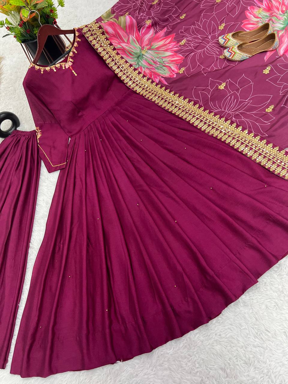 Elegant Purple Color Work Palazzo With Anarkali Suit