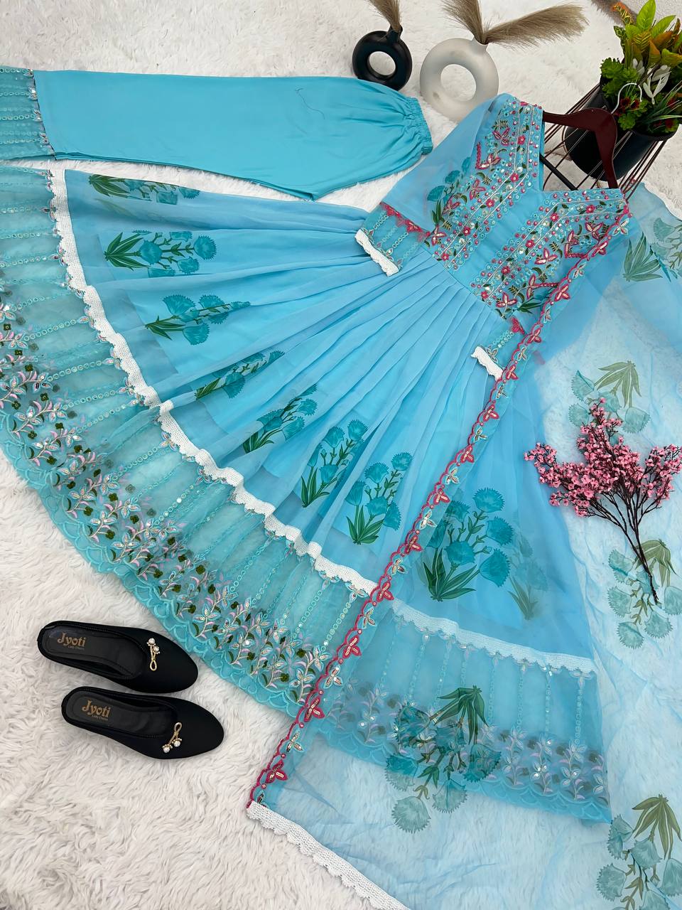 Terrific Sky Blue Color Digital Print Work Anarkali Suit