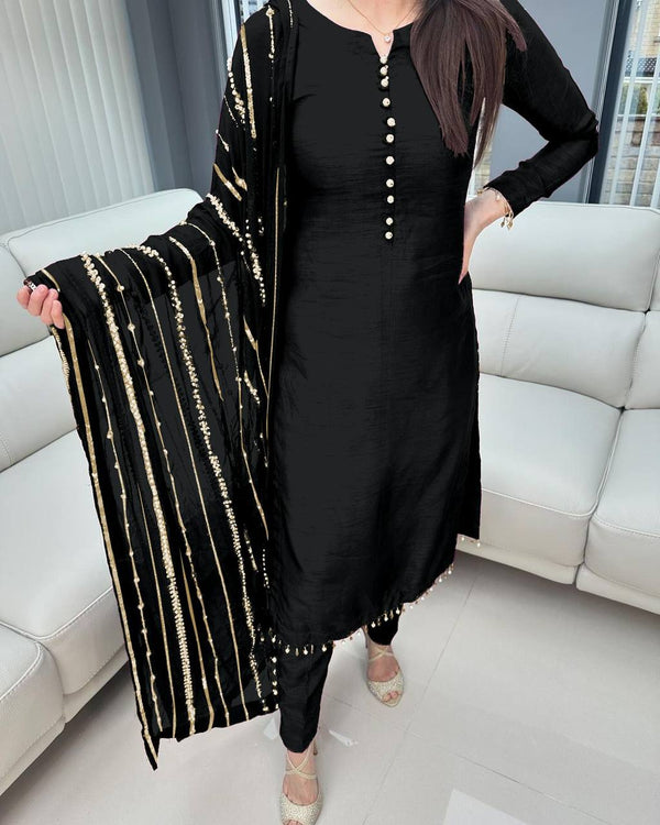 Beautiful Look Black Color Designer Kurti Pent With Dupatta