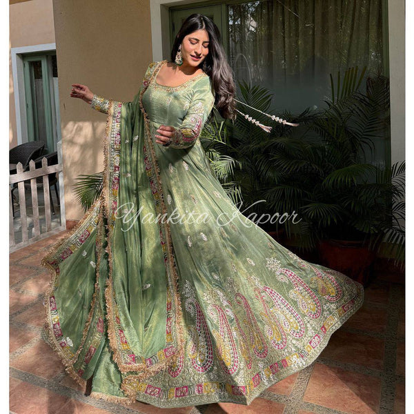 Exclusive Pista Color Thread Sequence Work Gown