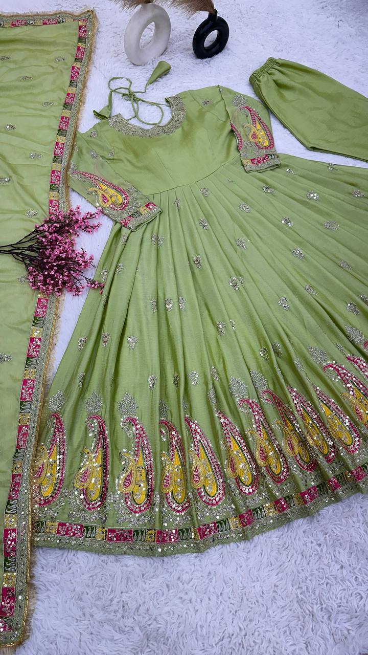 Exclusive Pista Color Thread Sequence Work Gown