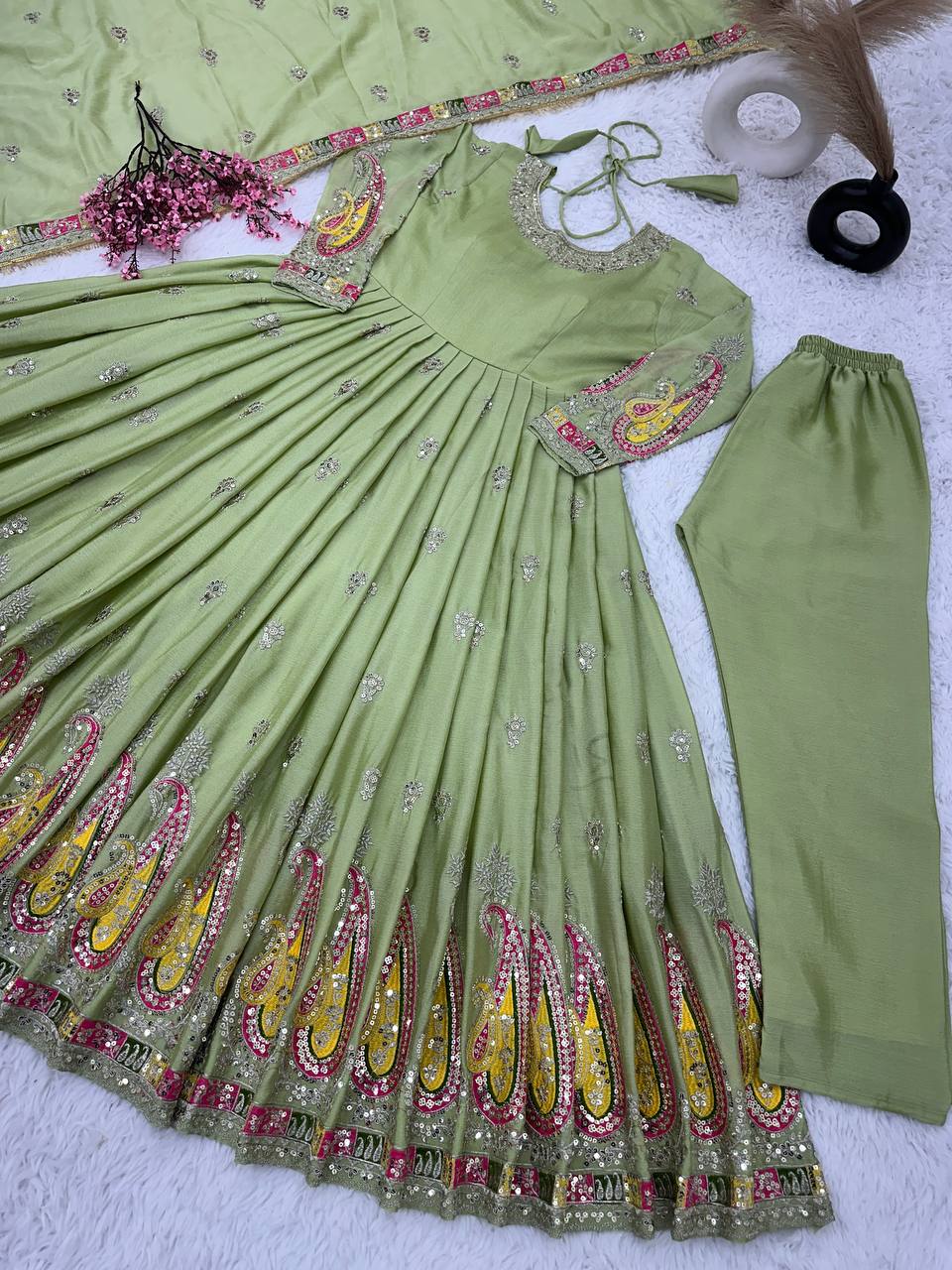 Exclusive Pista Color Thread Sequence Work Gown