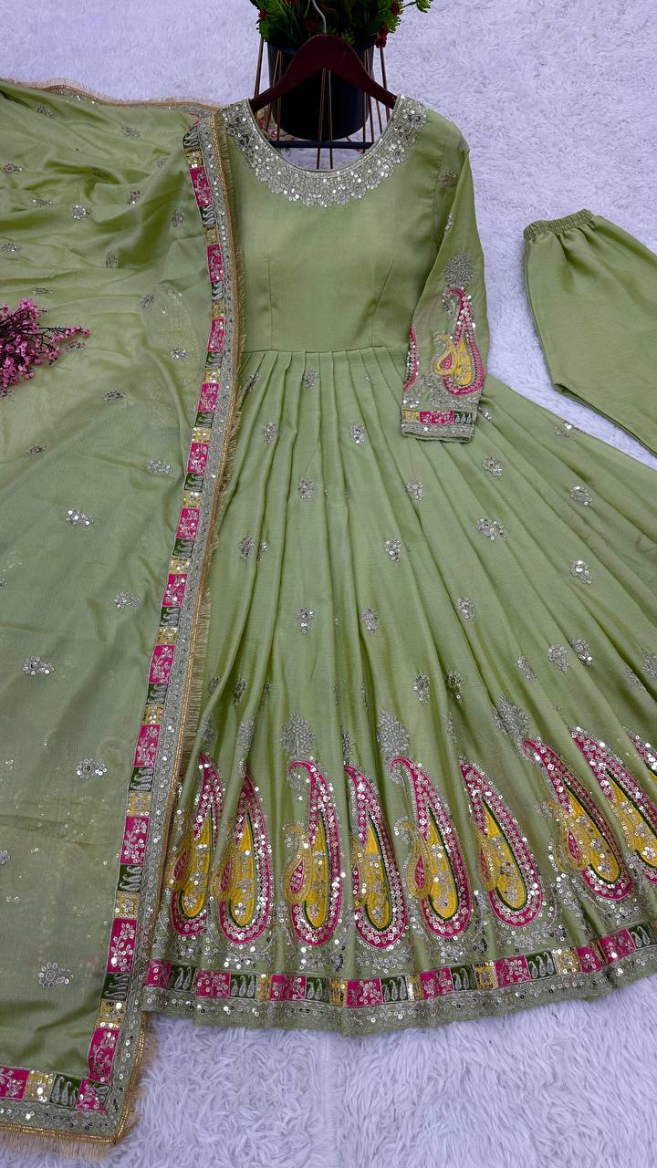 Exclusive Pista Color Thread Sequence Work Gown