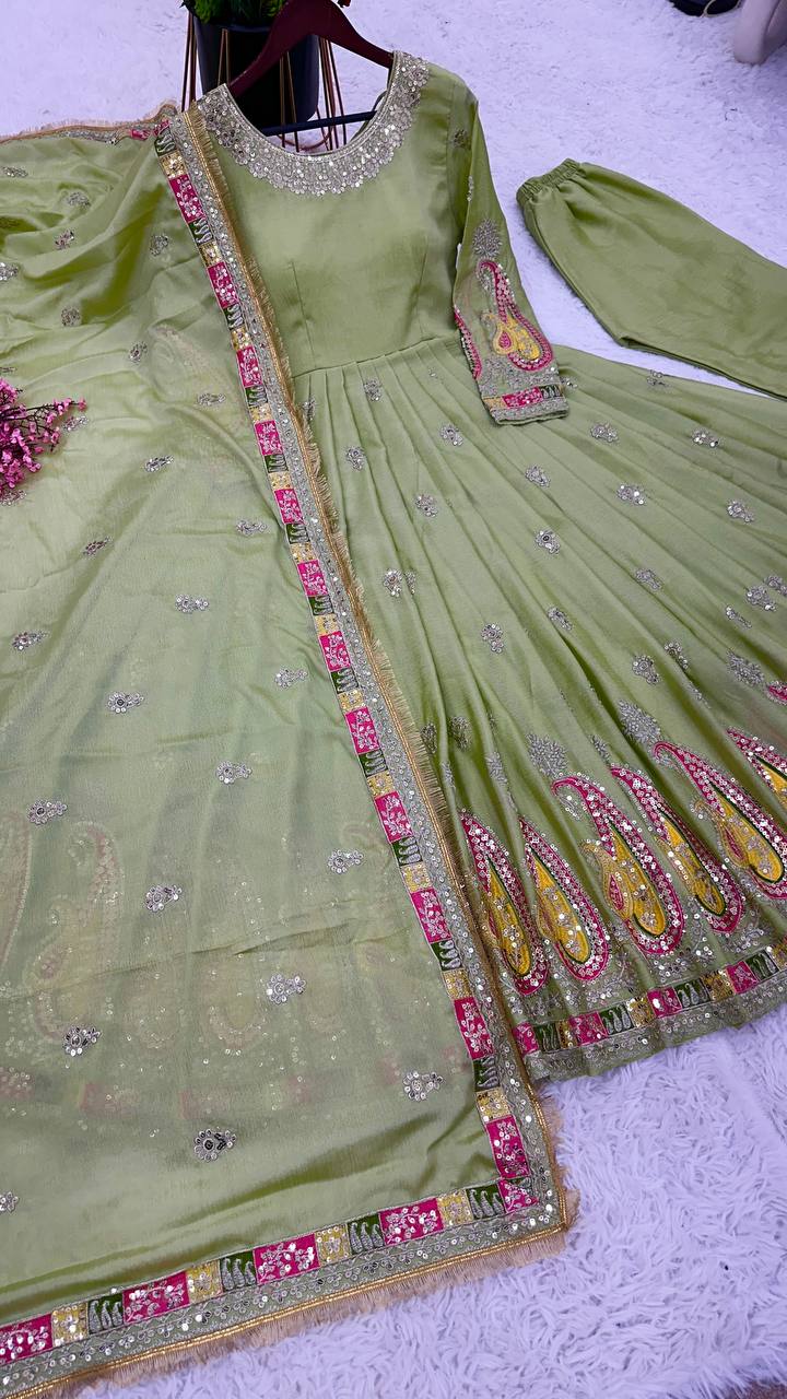 Exclusive Pista Color Thread Sequence Work Gown