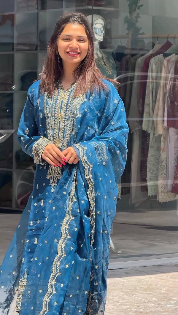 Awesome Work Blue Color Organza Salwar Suit