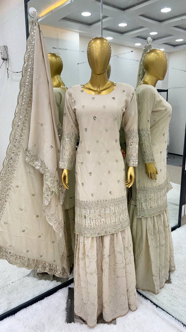 Fantastic Embroidery Work White  Pakistani Sharara Suit