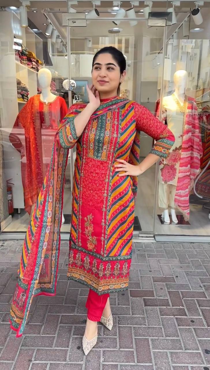 Stunning Red Color Multi Print Salwar Suit