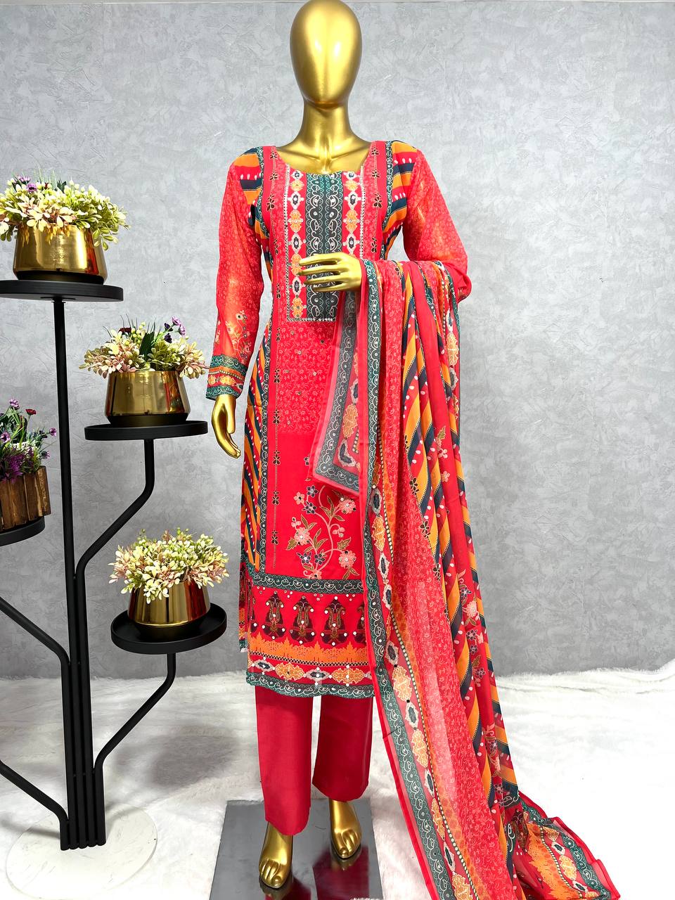 Stunning Red Color Multi Print Salwar Suit