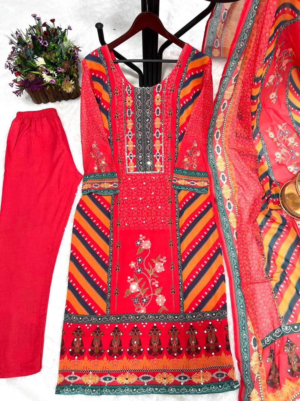 Stunning Red Color Multi Print Salwar Suit