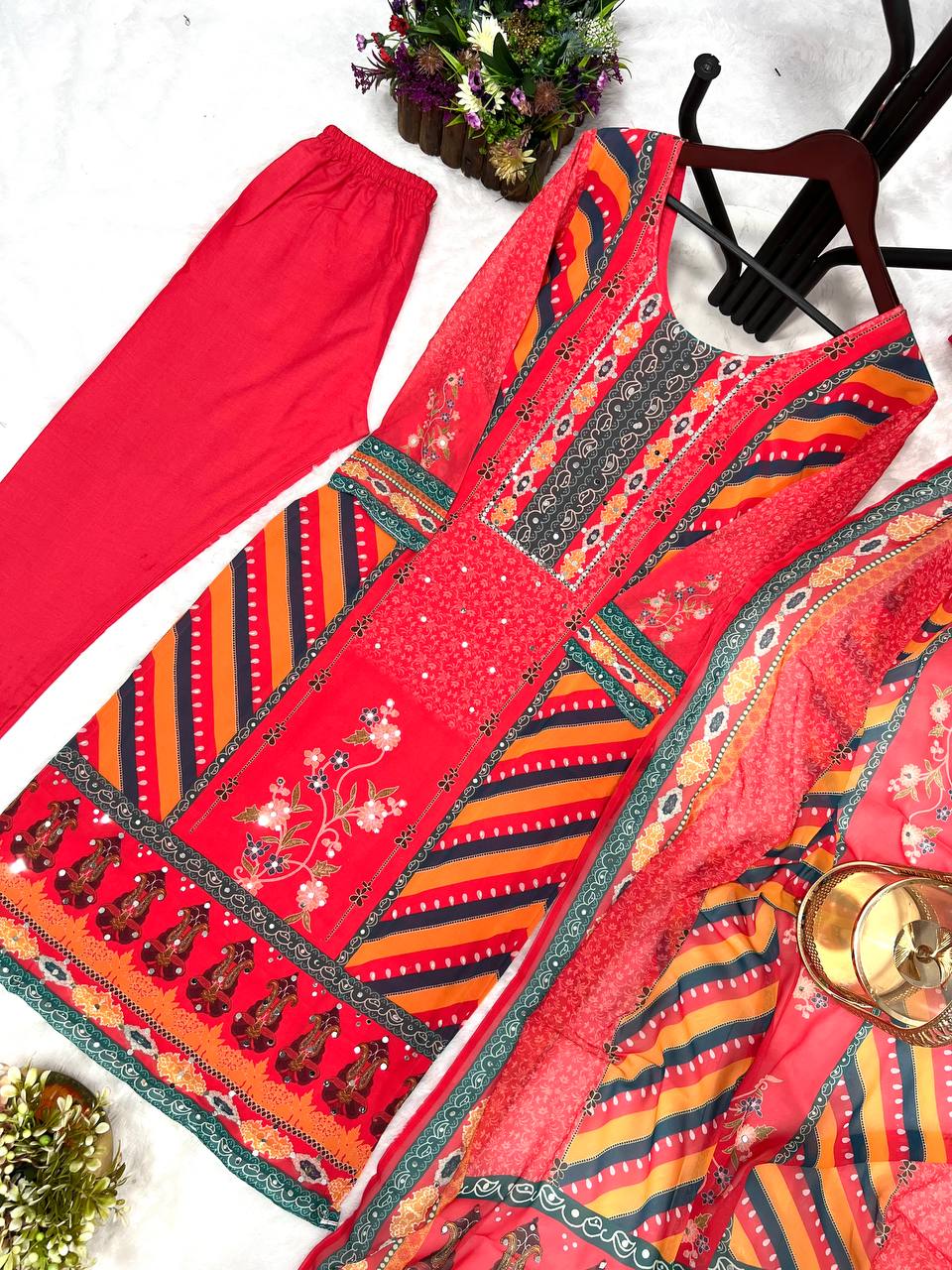 Stunning Red Color Multi Print Salwar Suit