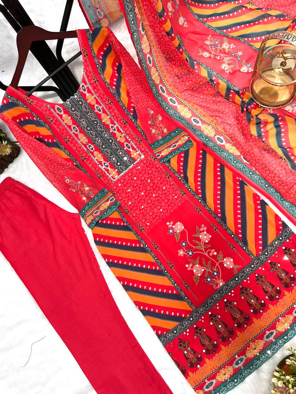 Stunning Red Color Multi Print Salwar Suit