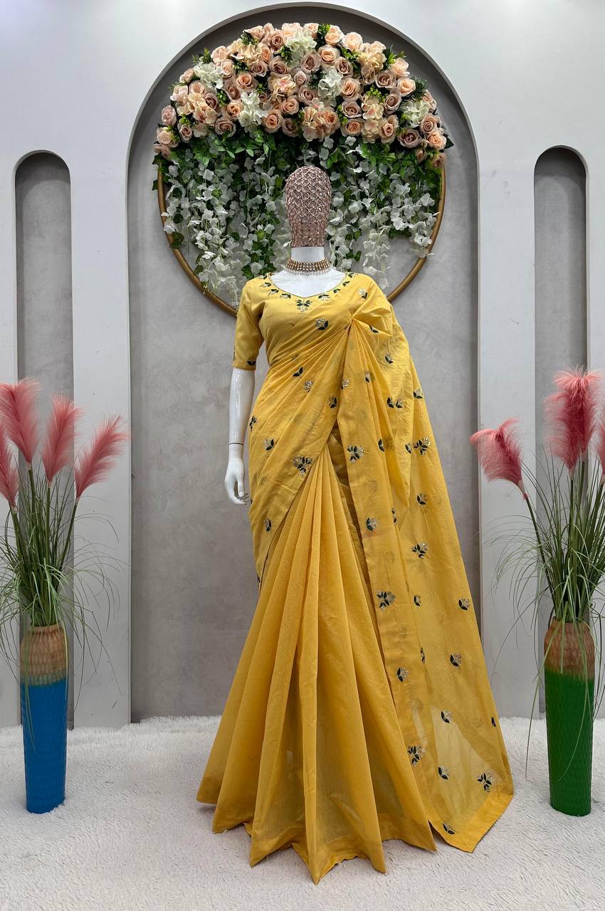 Opulent Yellow Color Sequence Thread Work Saree