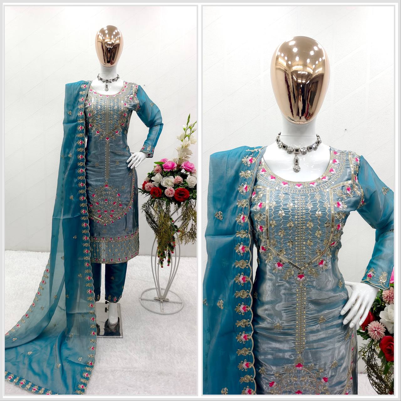 Superhit Sky Blue Color Shining Silk Salwar Suit