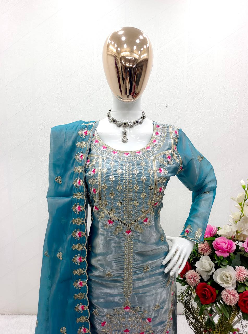 Superhit Sky Blue Color Shining Silk Salwar Suit