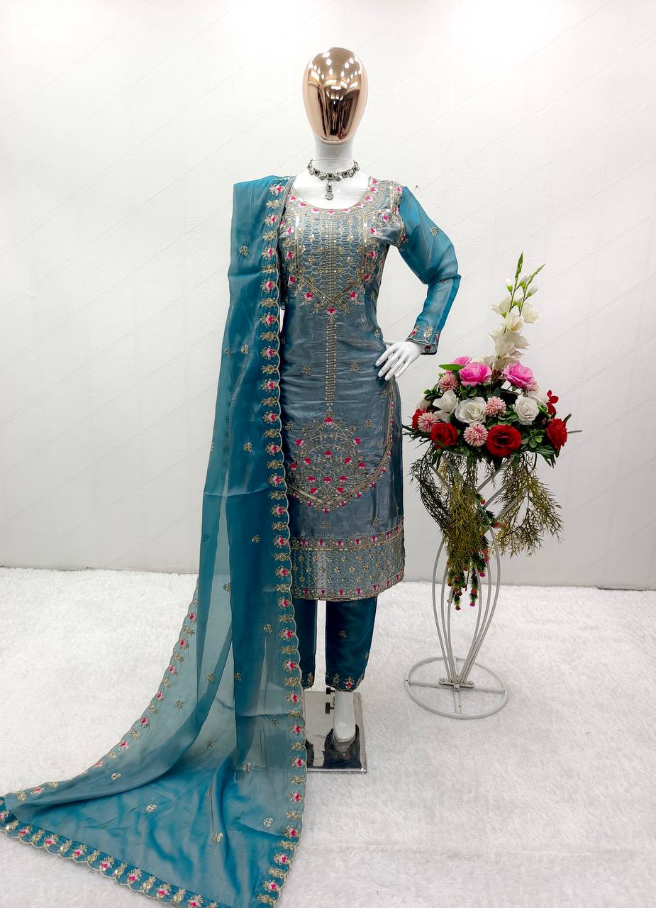 Superhit Sky Blue Color Shining Silk Salwar Suit