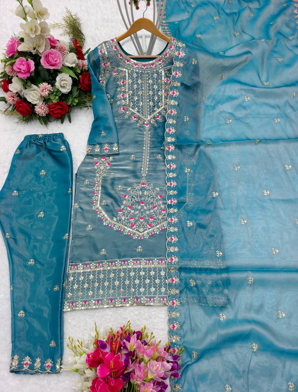 Superhit Sky Blue Color Shining Silk Salwar Suit