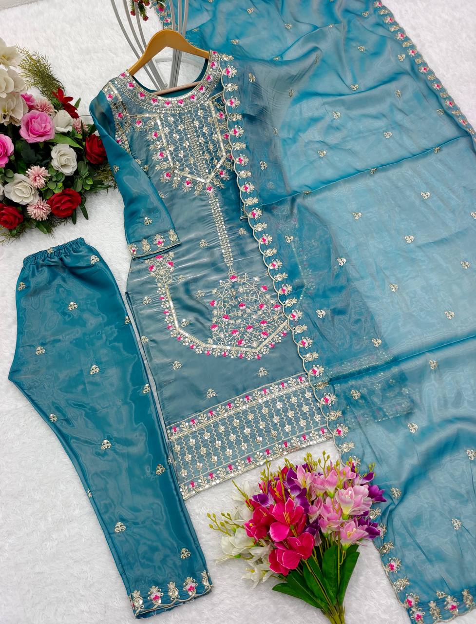 Superhit Sky Blue Color Shining Silk Salwar Suit