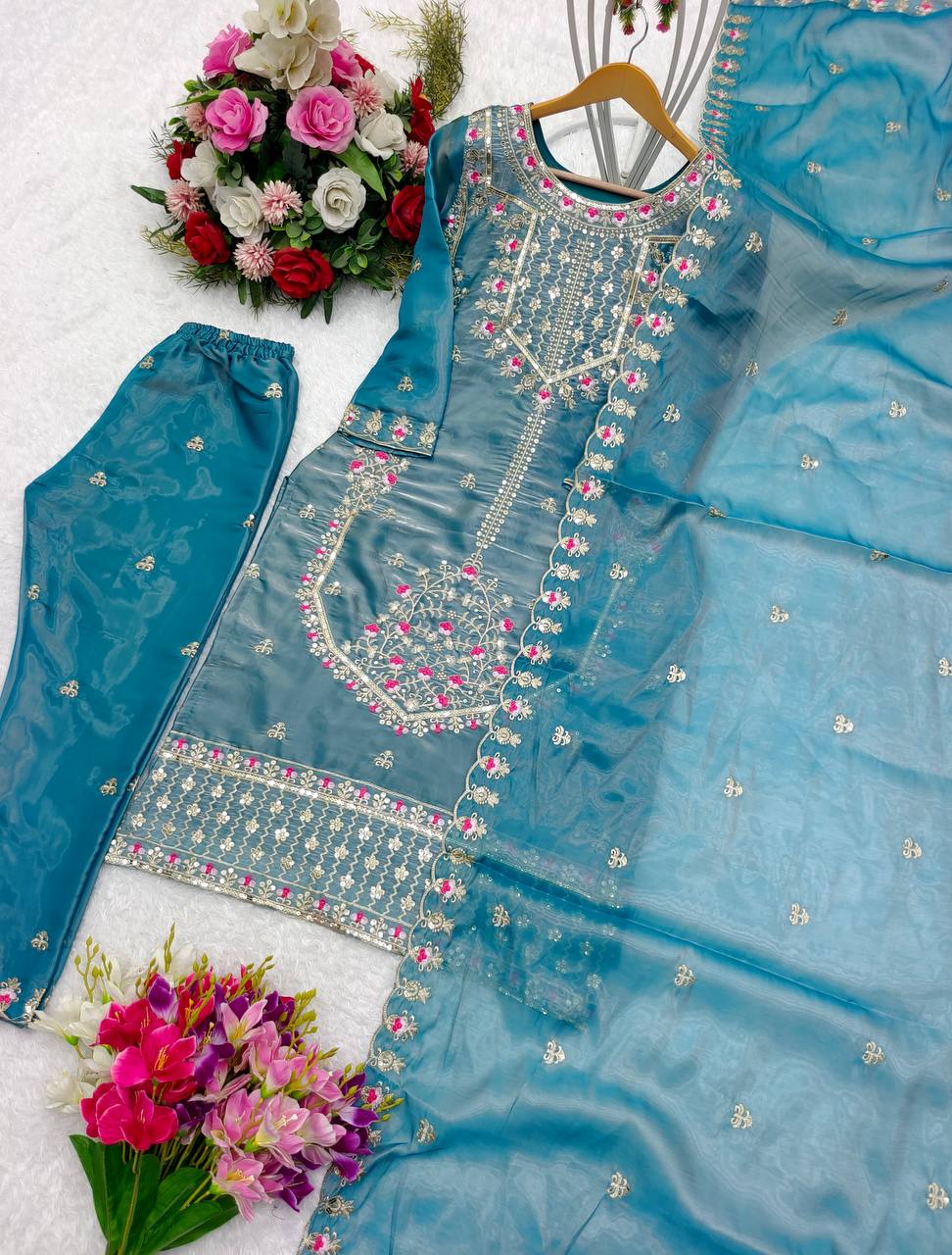 Superhit Sky Blue Color Shining Silk Salwar Suit