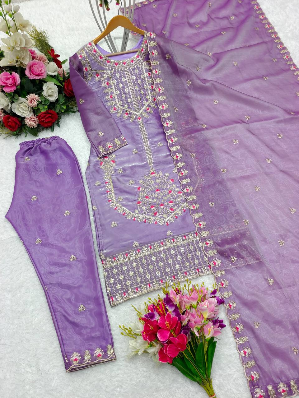 Superhit Lavender Color Shining Silk Salwar Suit