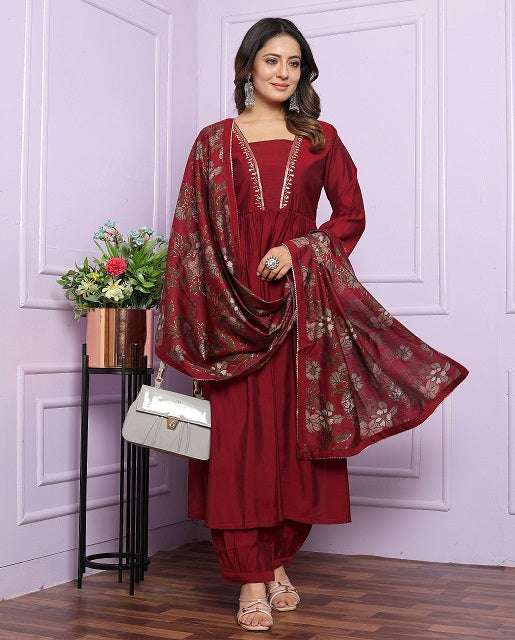 Good Looking Red Color Afghani Style Suit