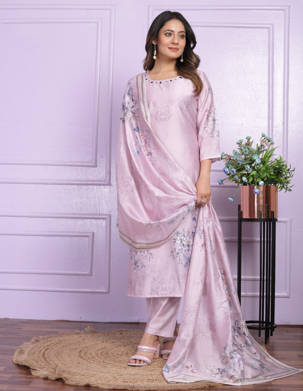 Trendy Lavender Printed Straight Kurti Set With Dupatta