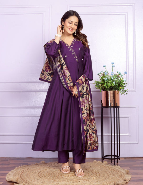 Angrakha Neck Wine Color Kurta Pant With Dupatta