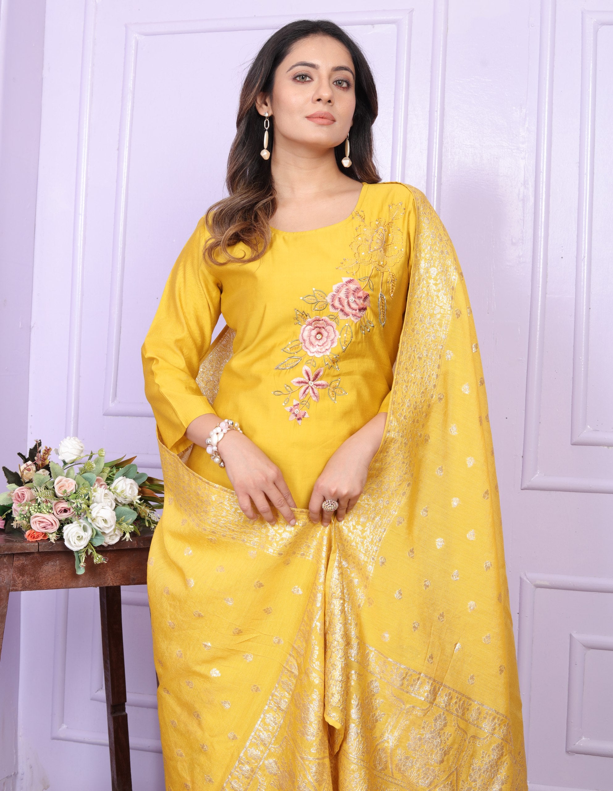 Terrific Yellow Salwar Suit With Banarasi Dupatta