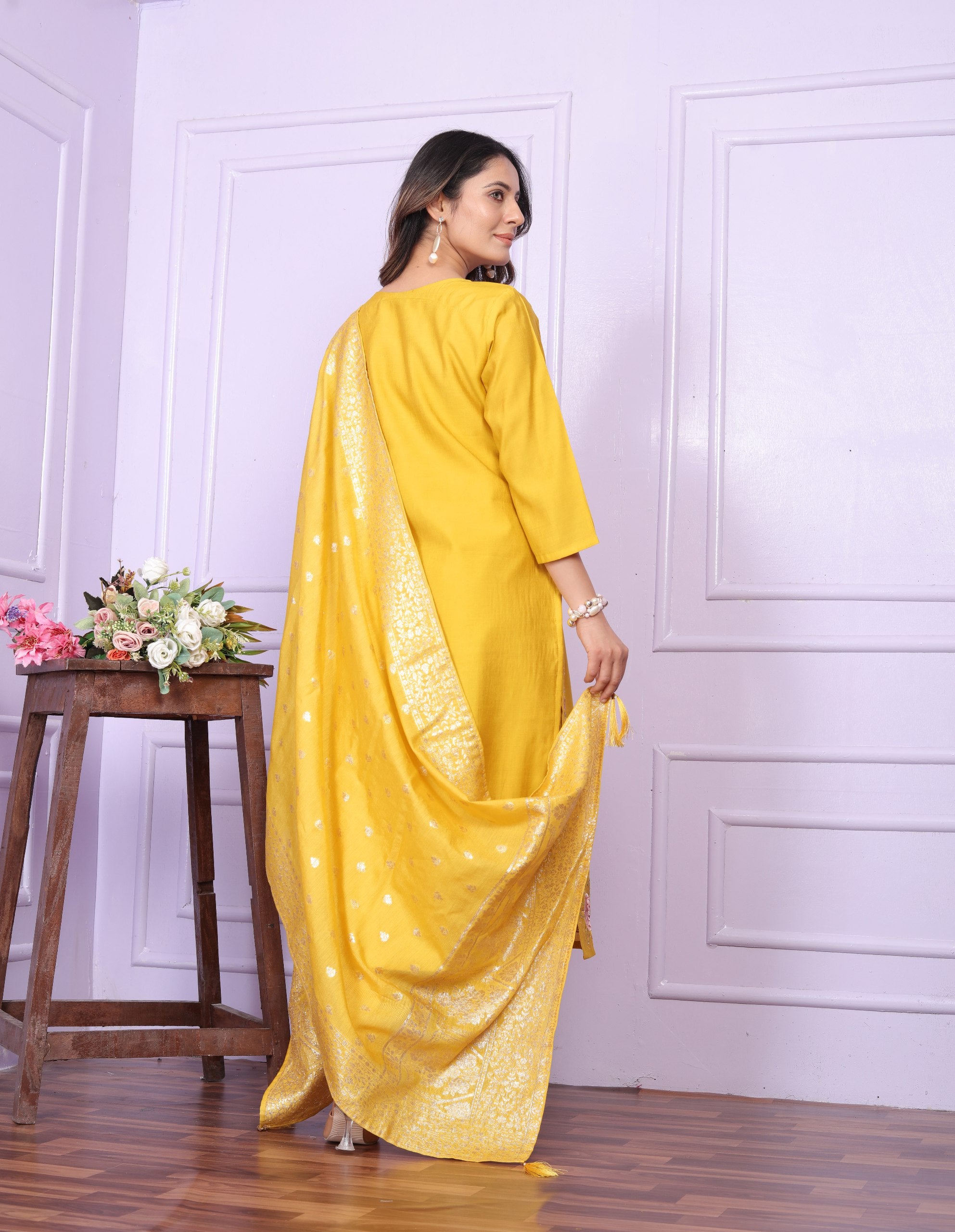 Terrific Yellow Salwar Suit With Banarasi Dupatta