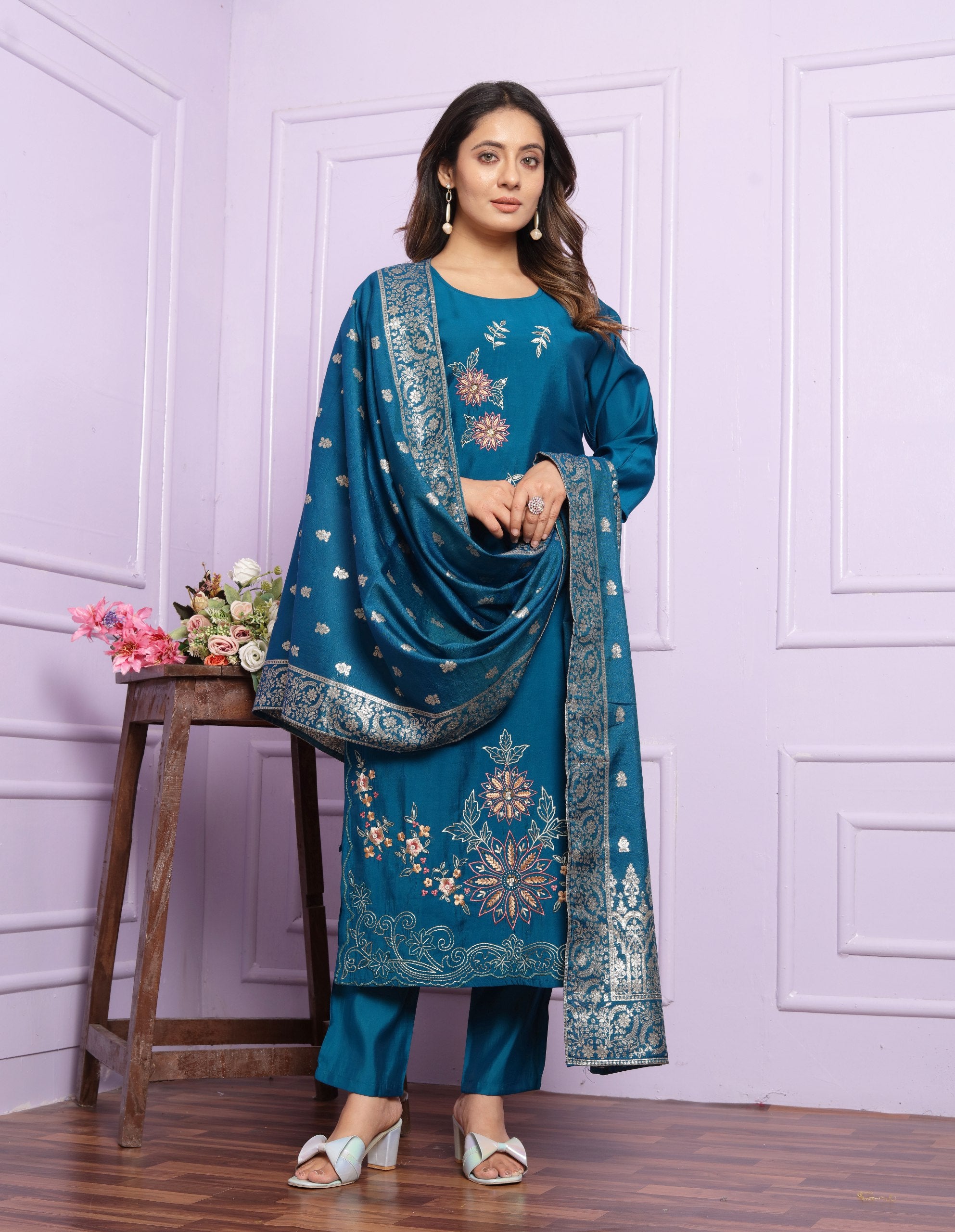 Terrific Blue Salwar Suit With Banarasi Dupatta