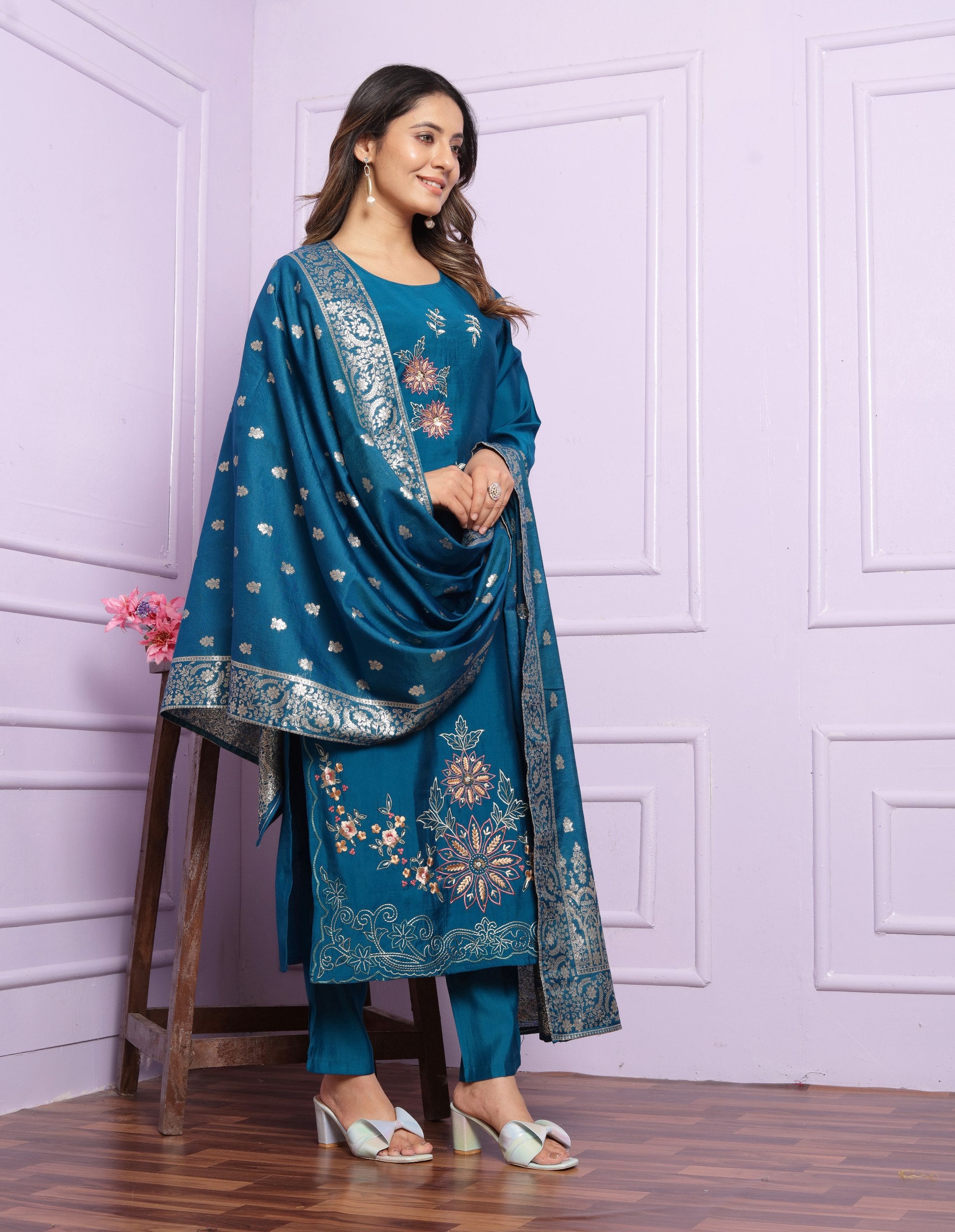 Terrific Blue Salwar Suit With Banarasi Dupatta