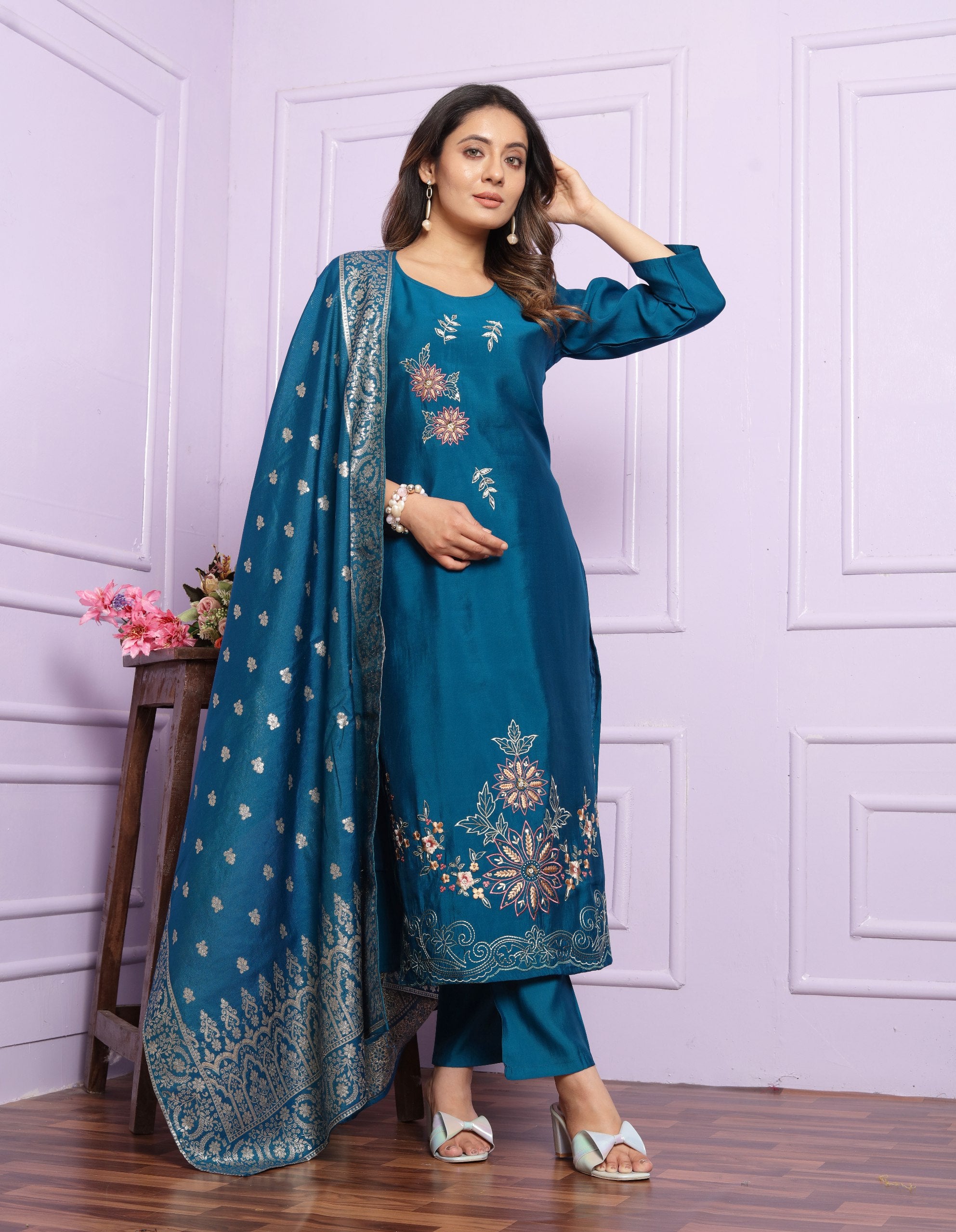 Terrific Blue Salwar Suit With Banarasi Dupatta