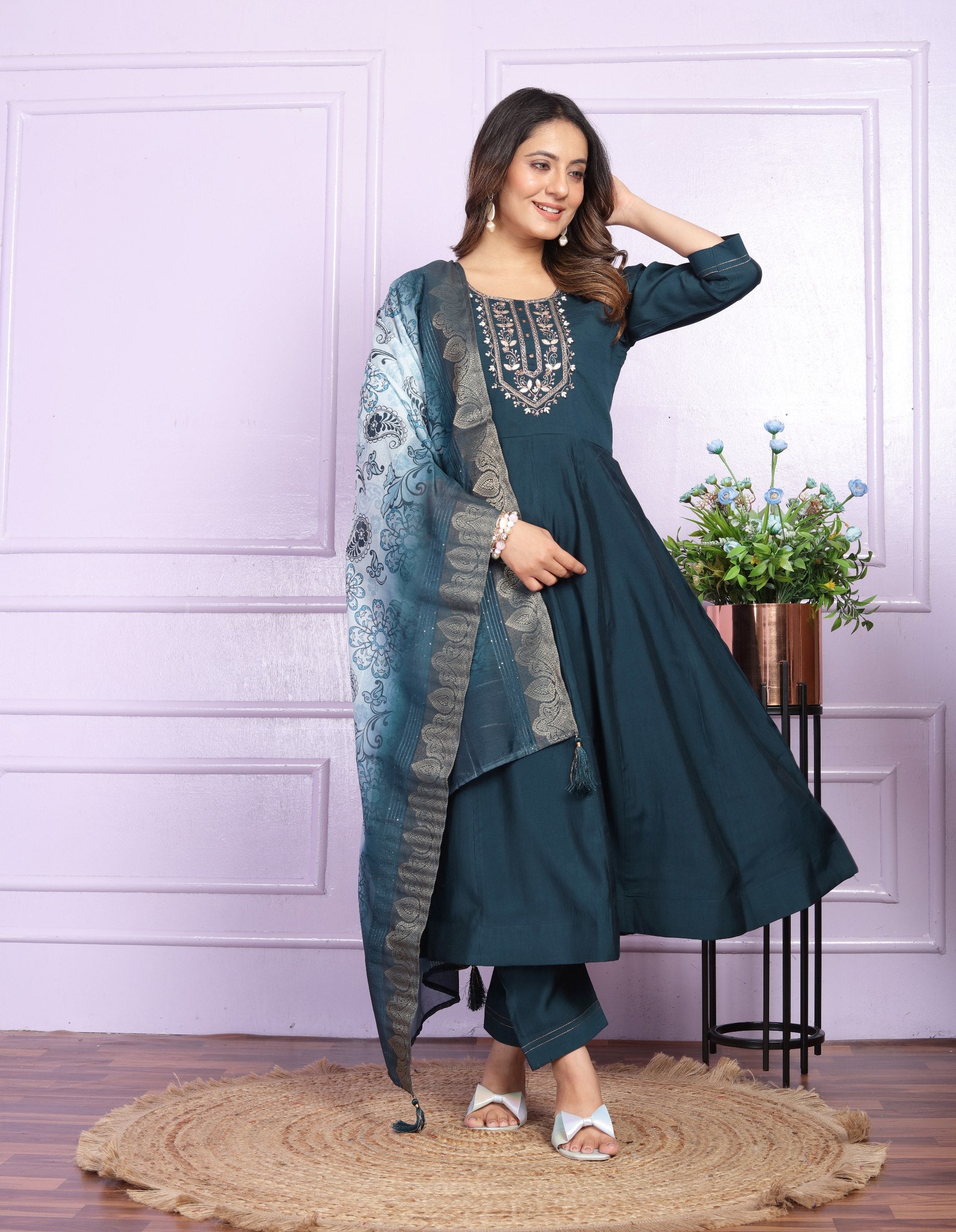 Hand Work Navy Blue Russian Silk Anarkali Suit