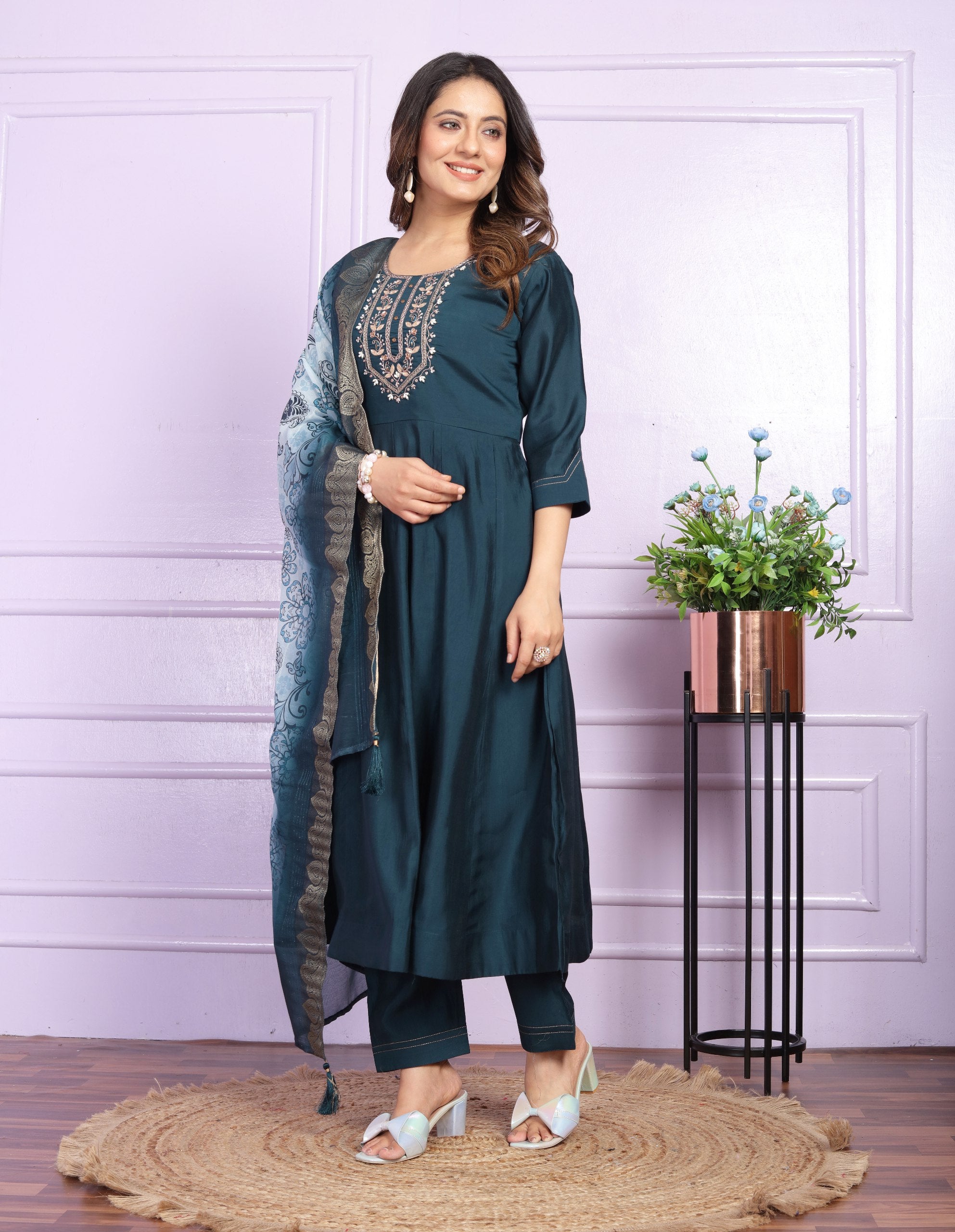 Hand Work Navy Blue Russian Silk Anarkali Suit