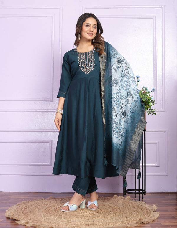 Hand Work Navy Blue Russian Silk Anarkali Suit