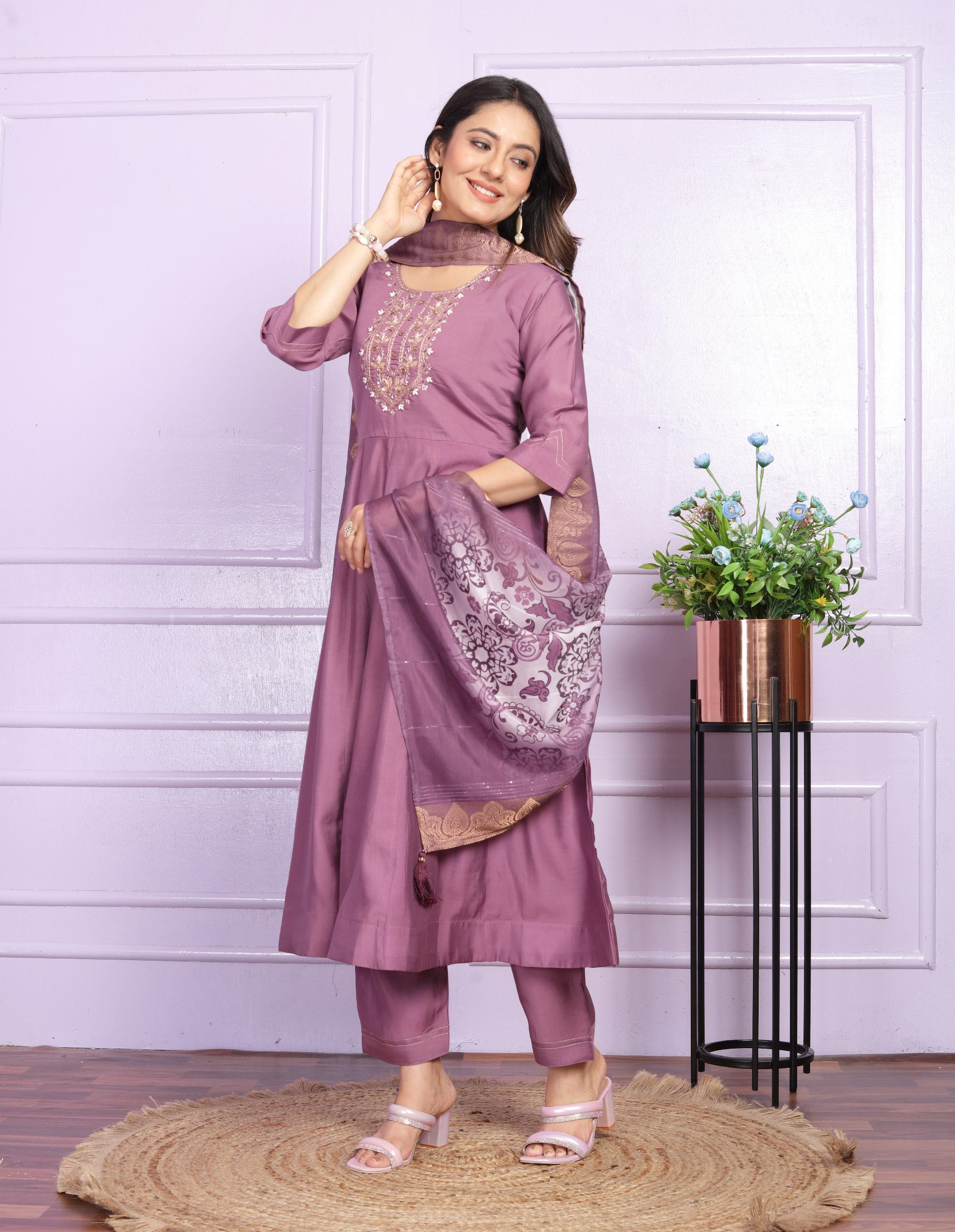 Hand Work Dusty Pink Russian Silk Anarkali Suit