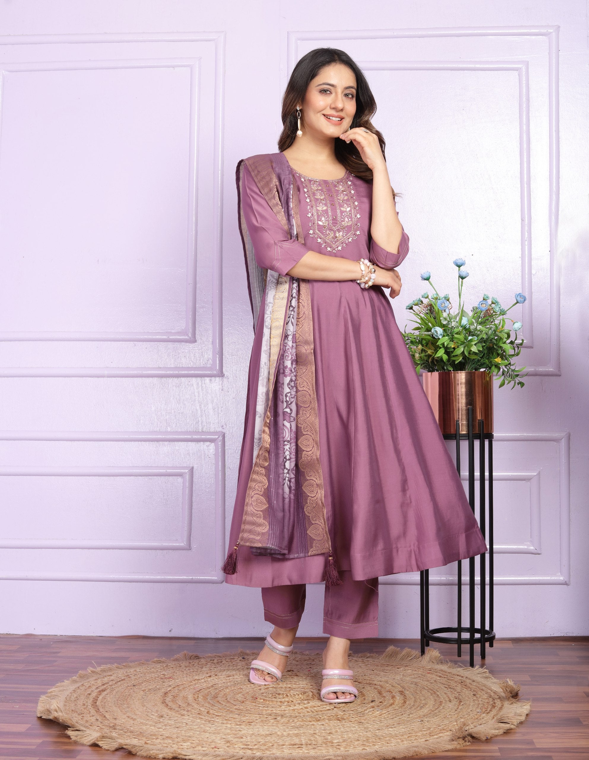 Hand Work Dusty Pink Russian Silk Anarkali Suit