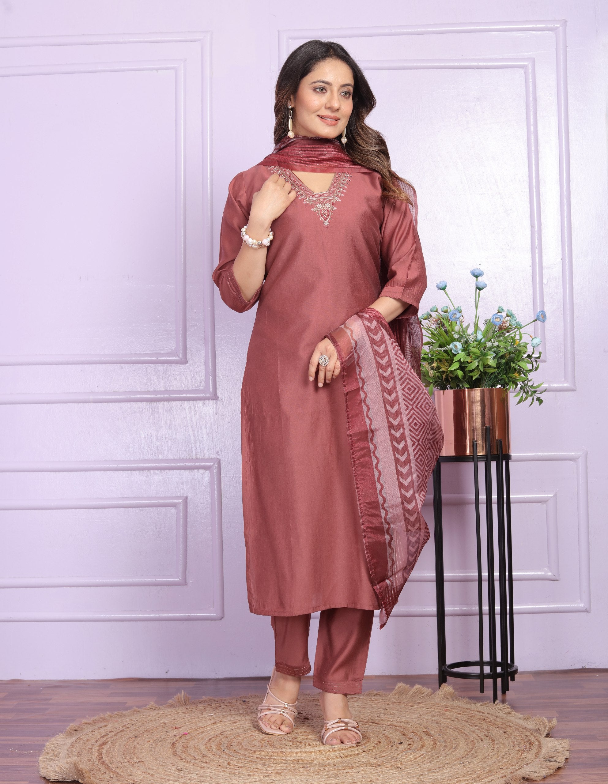 Peach Color V Neck Straight Kurti Pair With Dupatta