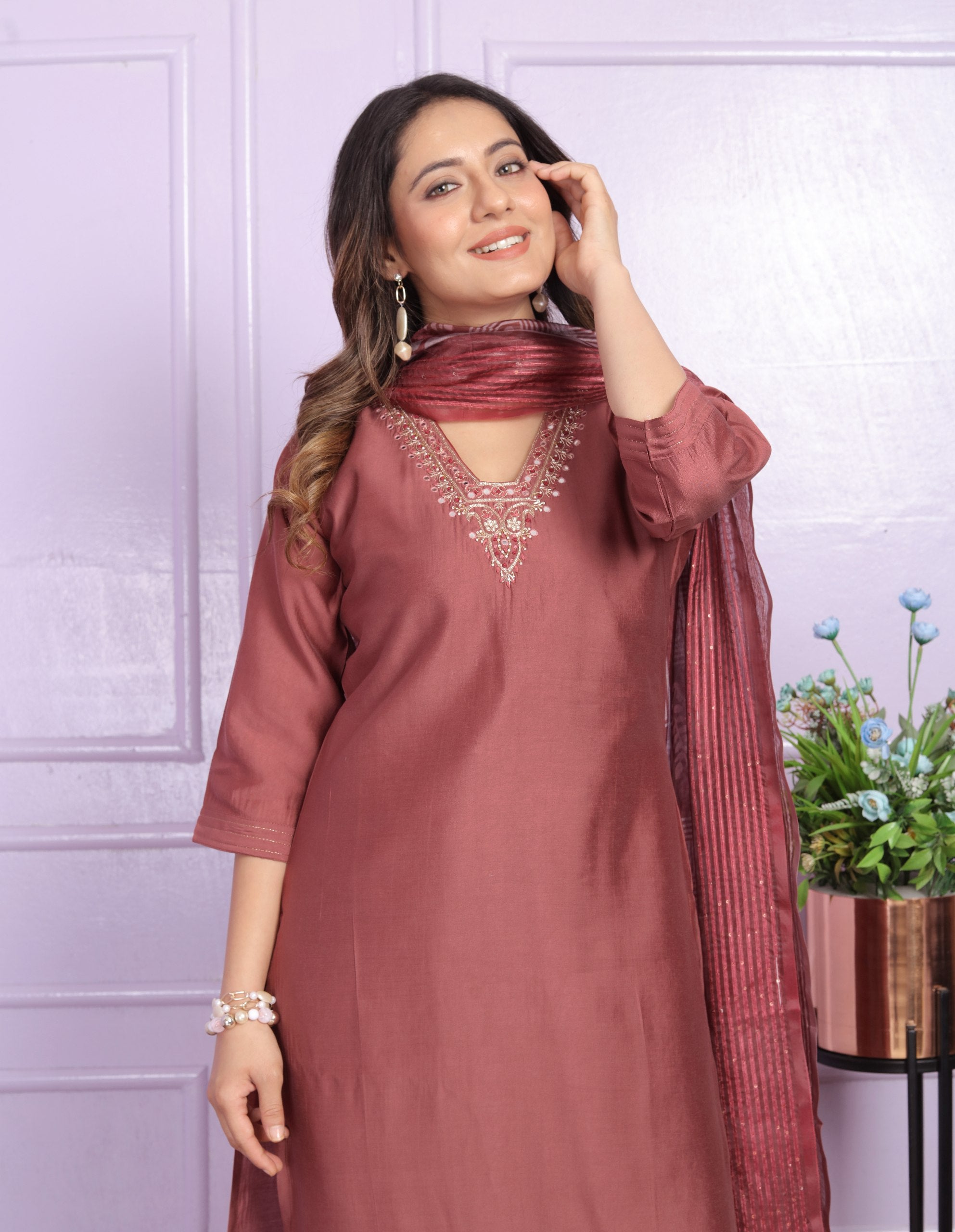 Peach Color V Neck Straight Kurti Pair With Dupatta