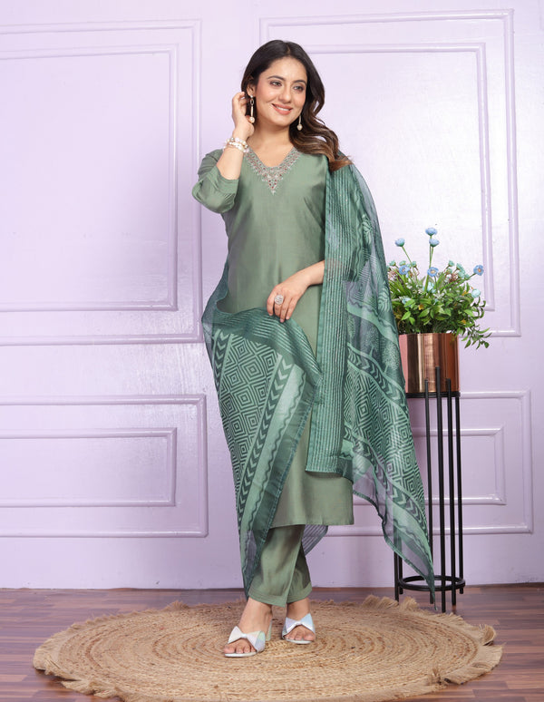 Green Color V Neck Straight Kurti Pair With Dupatta