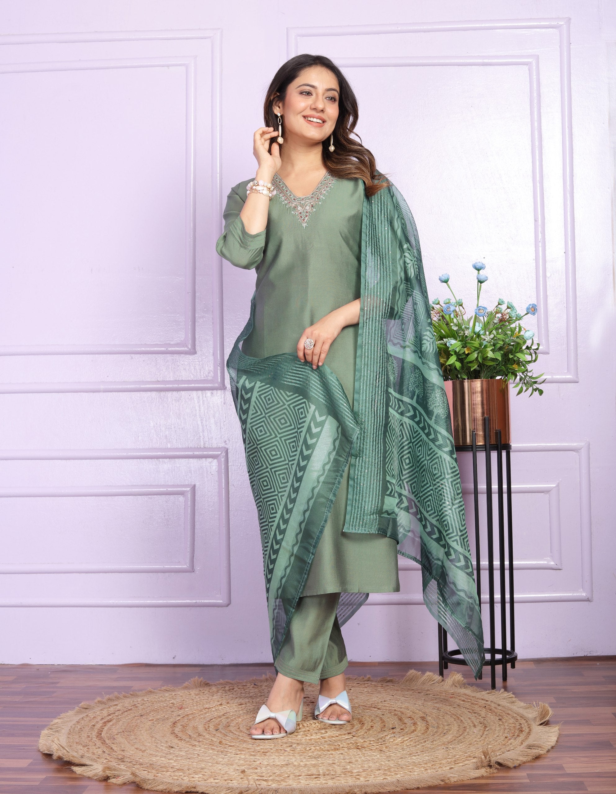 Green Color V Neck Straight Kurti Pair With Dupatta