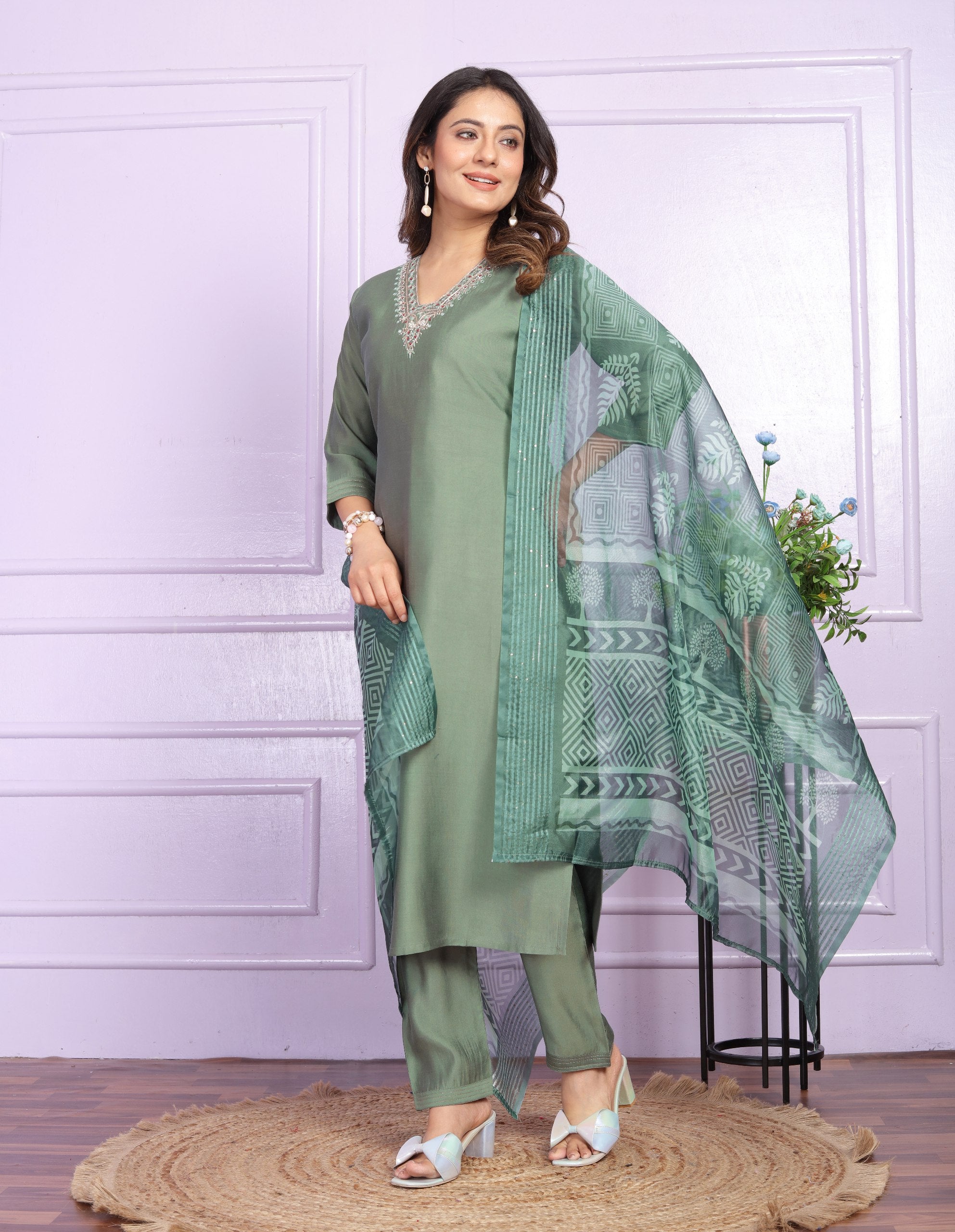 Green Color V Neck Straight Kurti Pair With Dupatta