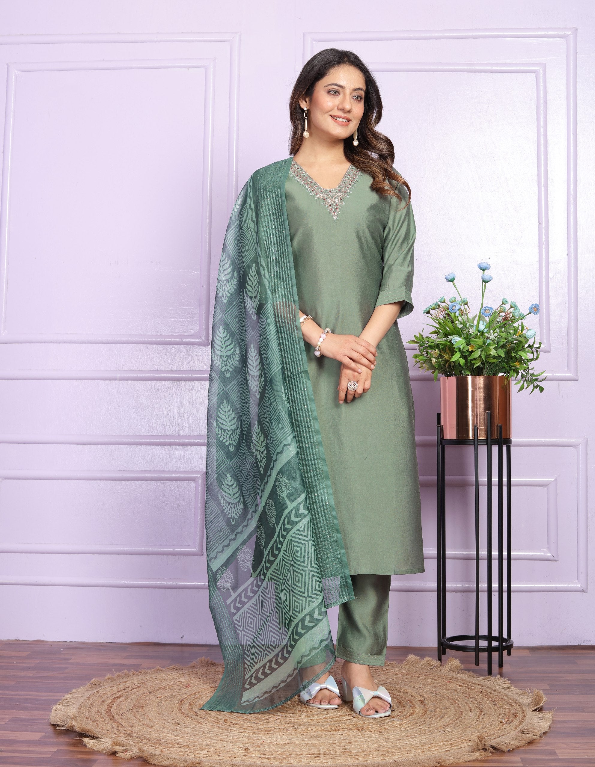 Green Color V Neck Straight Kurti Pair With Dupatta