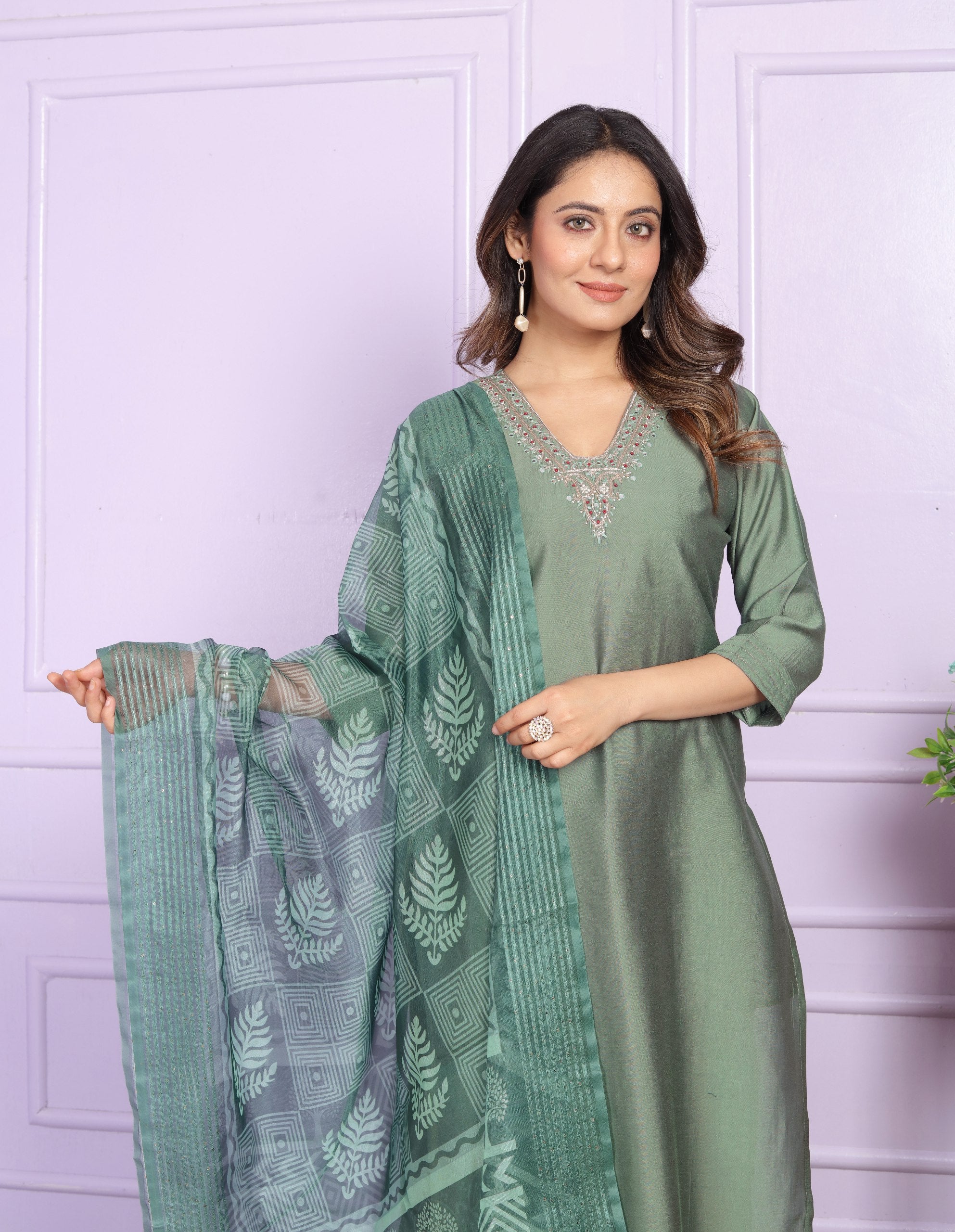 Green Color V Neck Straight Kurti Pair With Dupatta