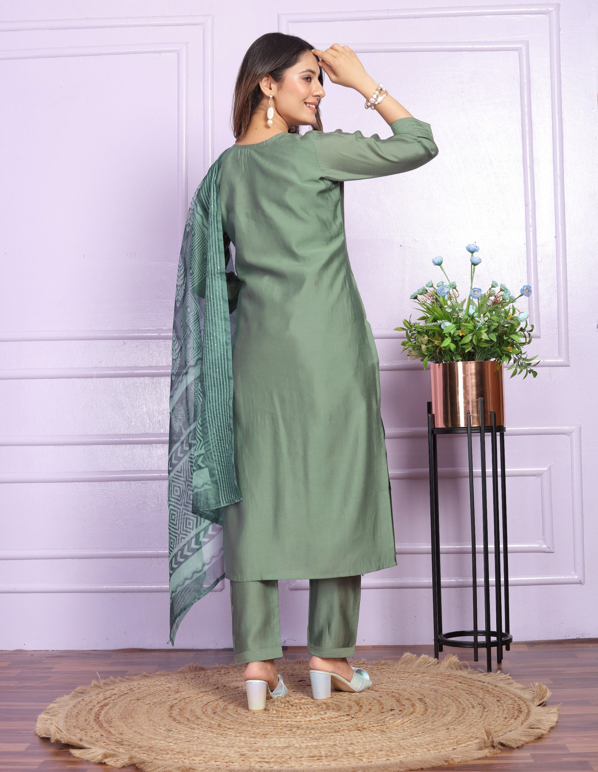 Green Color V Neck Straight Kurti Pair With Dupatta