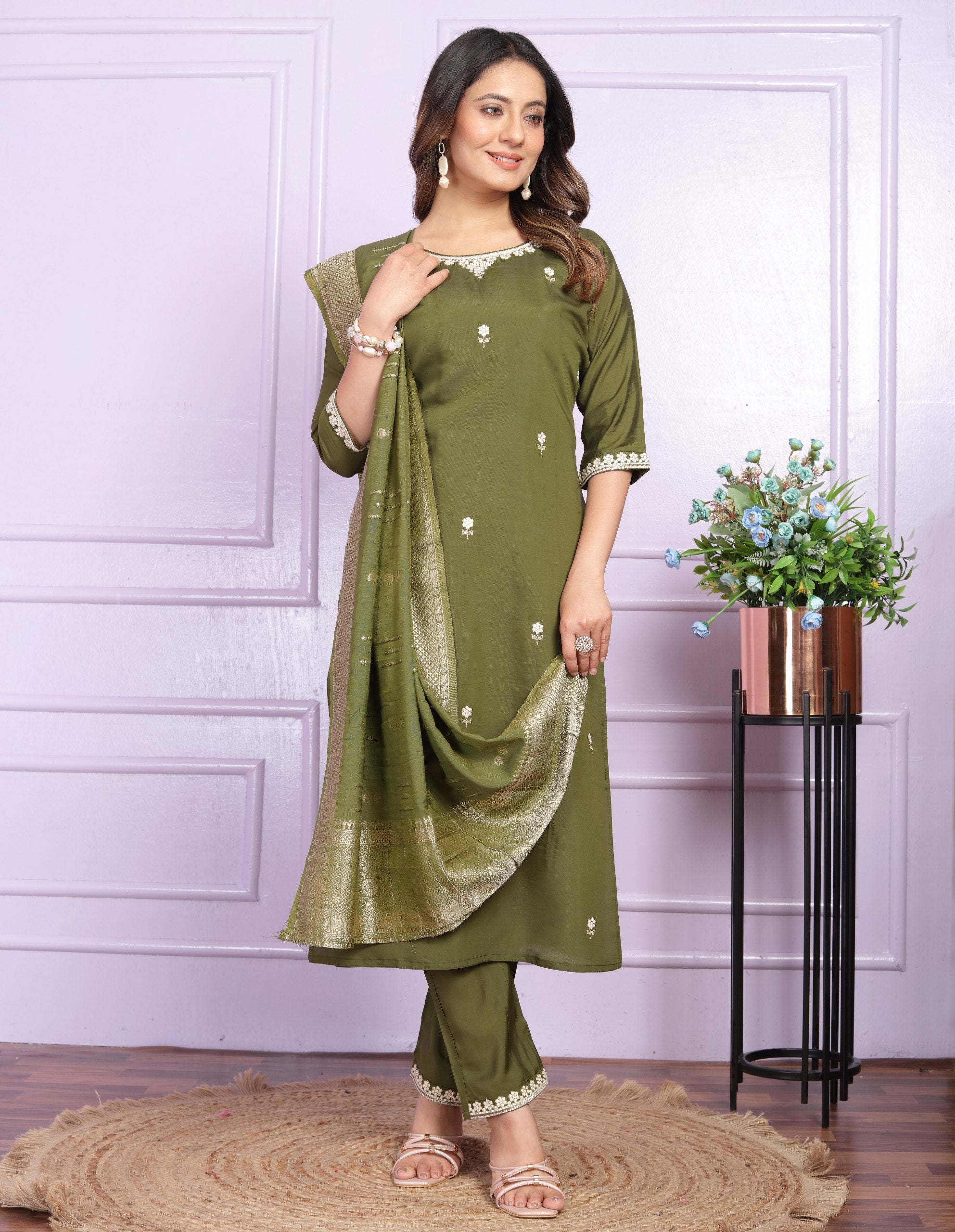 Luxury Mehendi Green Embroidery Work Salwar Suit