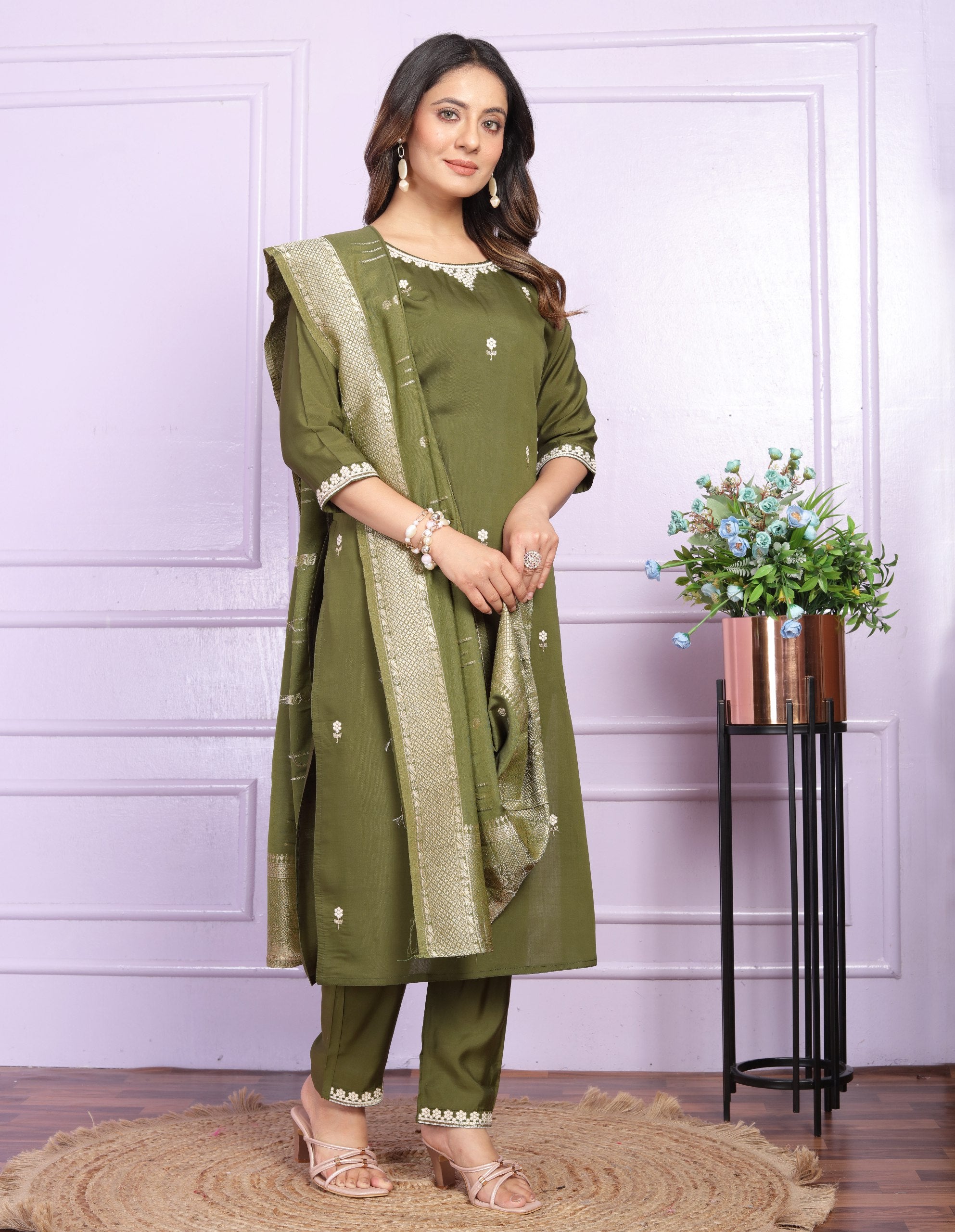 Luxury Mehendi Green Embroidery Work Salwar Suit